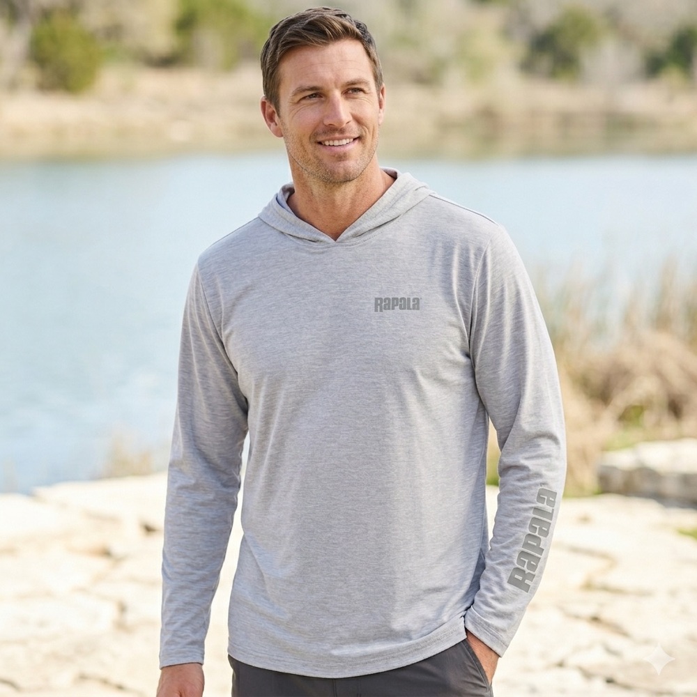 Rapala Mens Performance Grey Hooded Long Sleeve Fishing Sun Shirt Size L